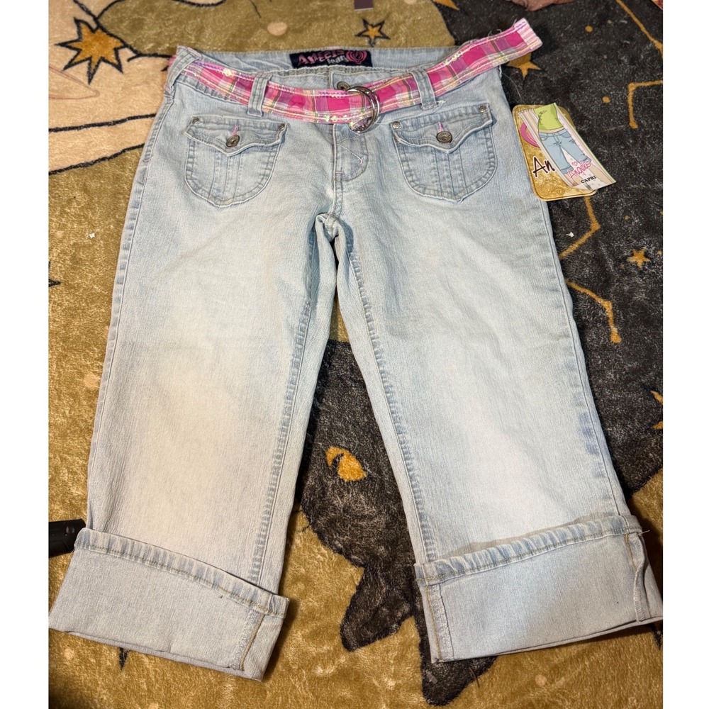 Angels Jeans Womens Light Wash Denim Capris Low Rise Pink Plaid Belt Size 9 NEW